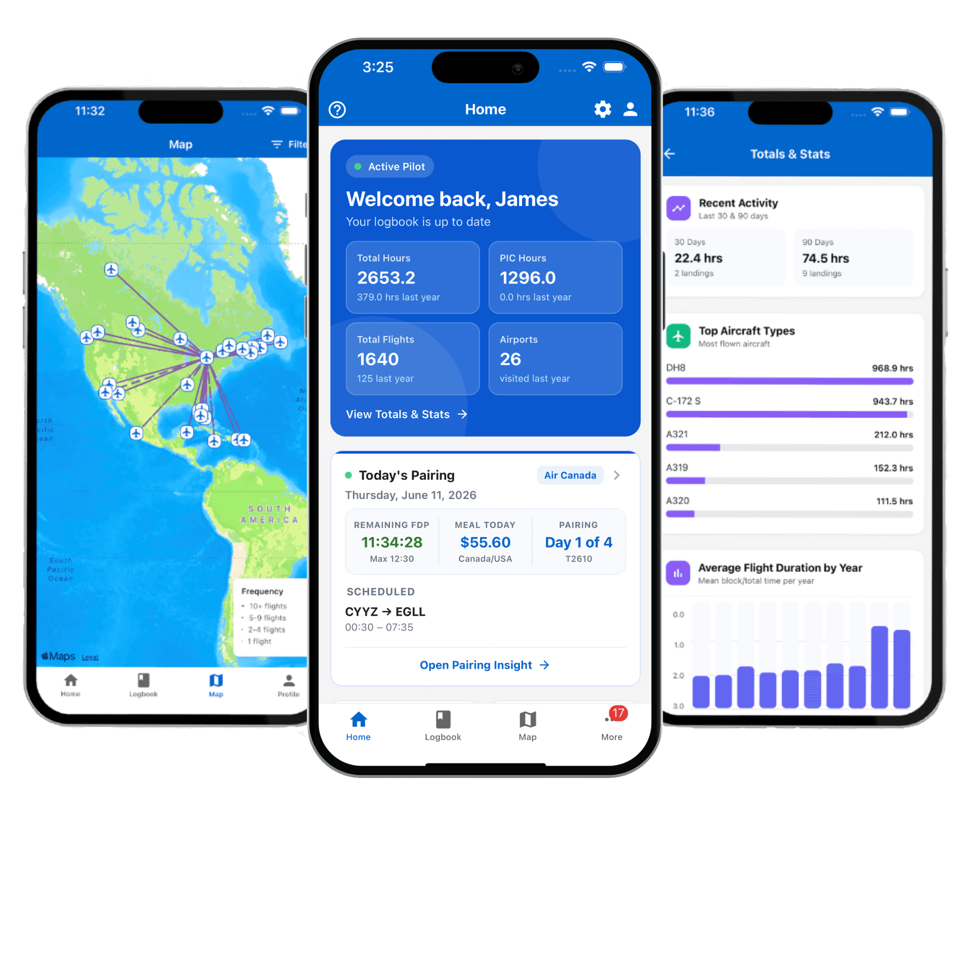 Pilot Logbook Pro home, map, and stats screens