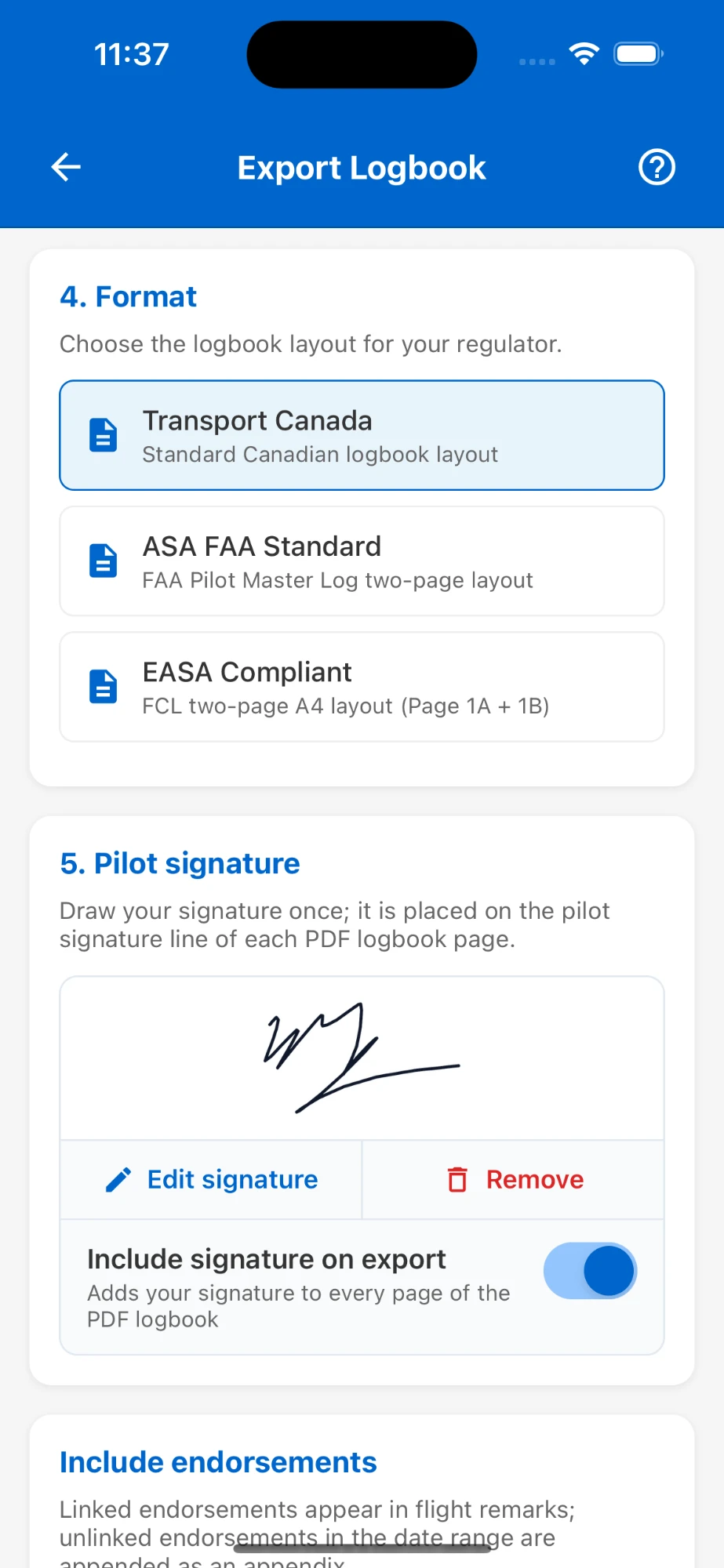 Export screen with the Transport Canada format selected, in front of pages from the exported PDF logbook